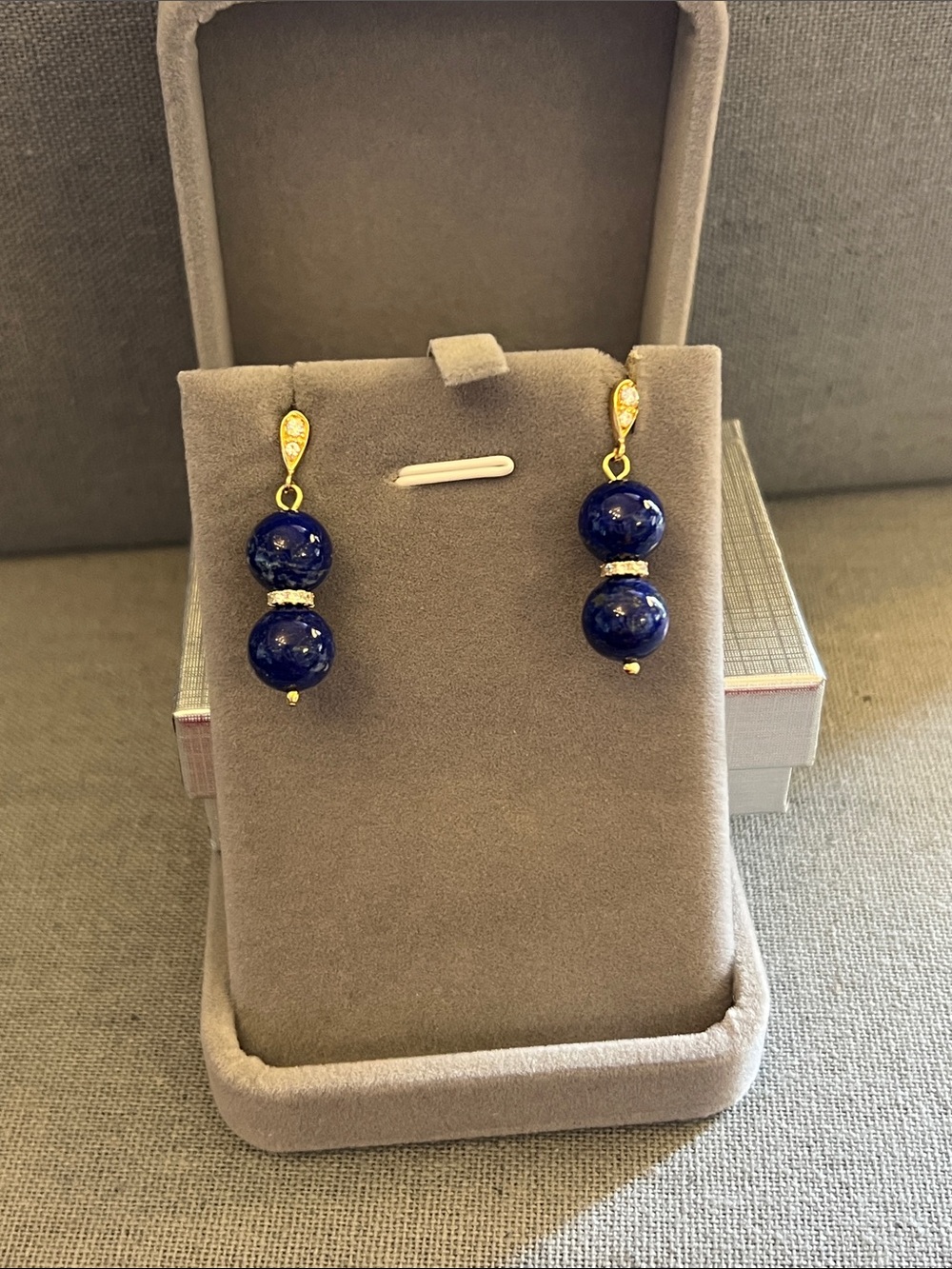 Gold and Deep Blue Lapis Double-Bead Drop Earrings